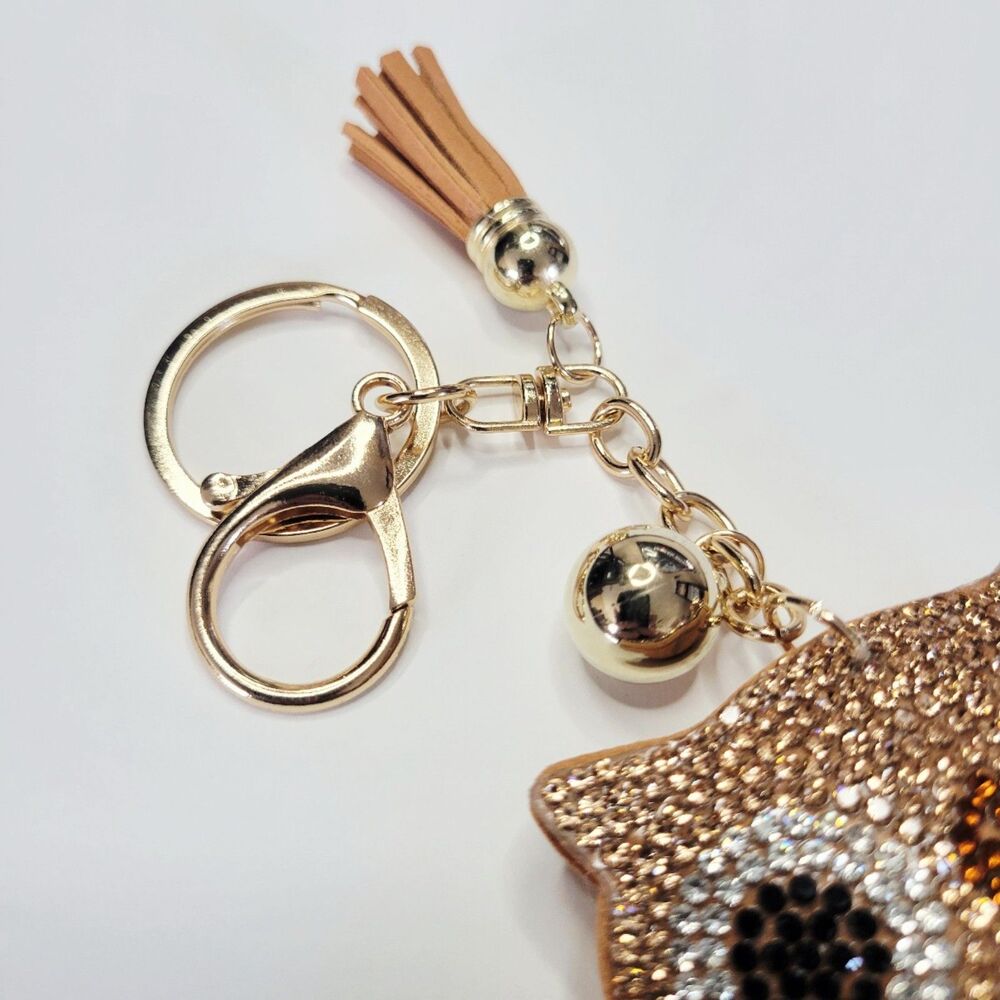 NWT Large Bling Owl Keychain Bag Charm With Tassel Brown And Gold Purse Charm - Picture 2 of 3